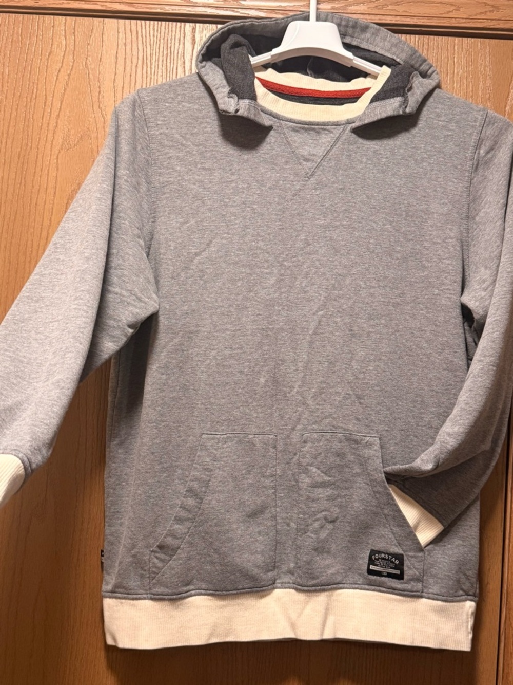 Men's Gray Hooded FOURSTAR brand Pullover Sweatshirt with Cream Trim XL
